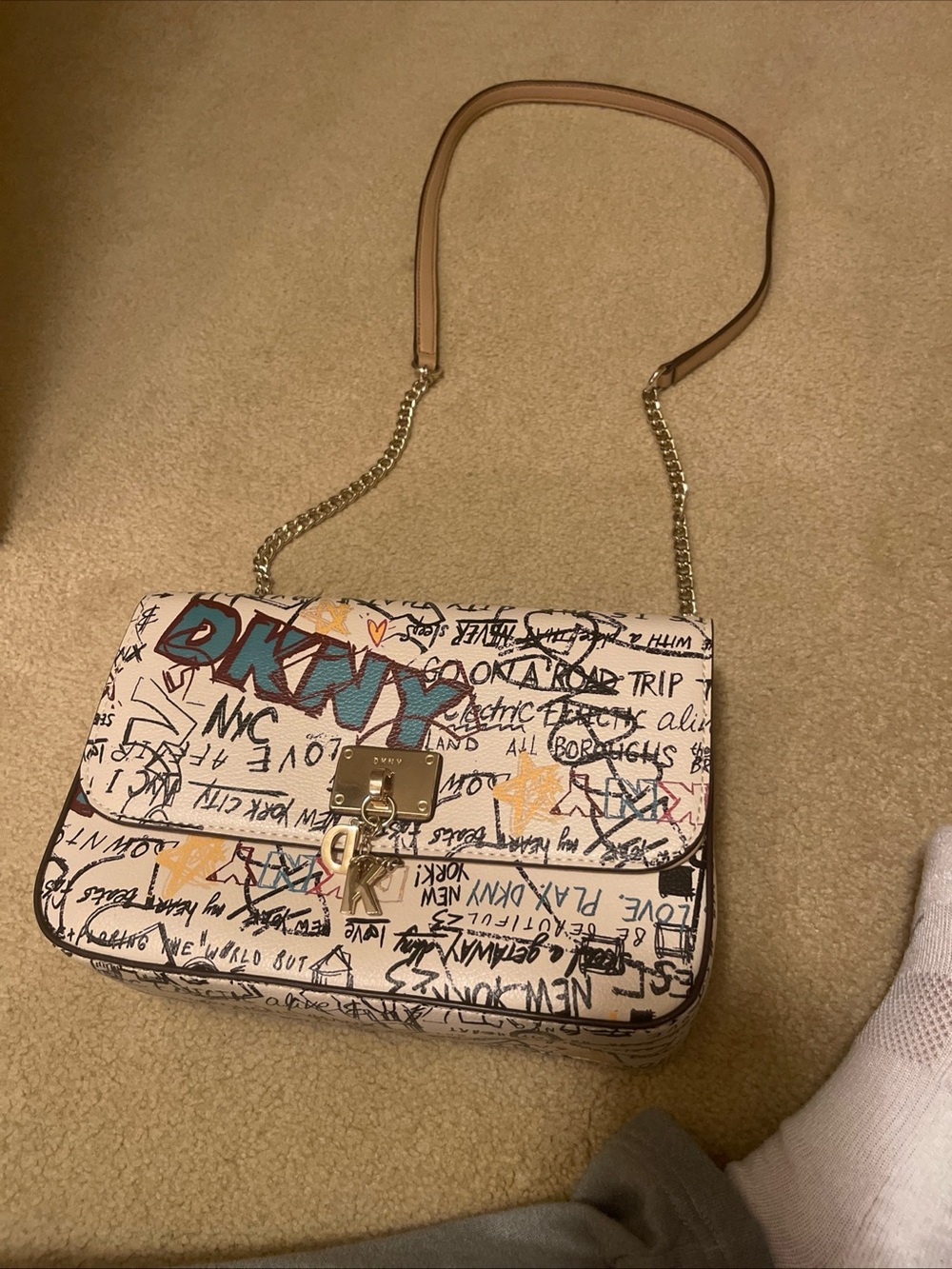 DKNY Cream Graffiti Convertible Shoulder Bag with Gold Hardware